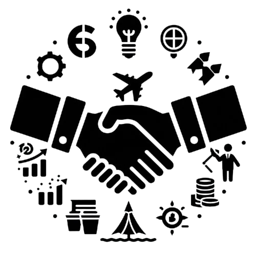 Silhouette of two hands shaking in a business handshake surrounded by various business and idea icons including a gear, pie chart, light bulb, target, person holding a flag, stacks of coins, tent, clock, bar charts, and airplane.